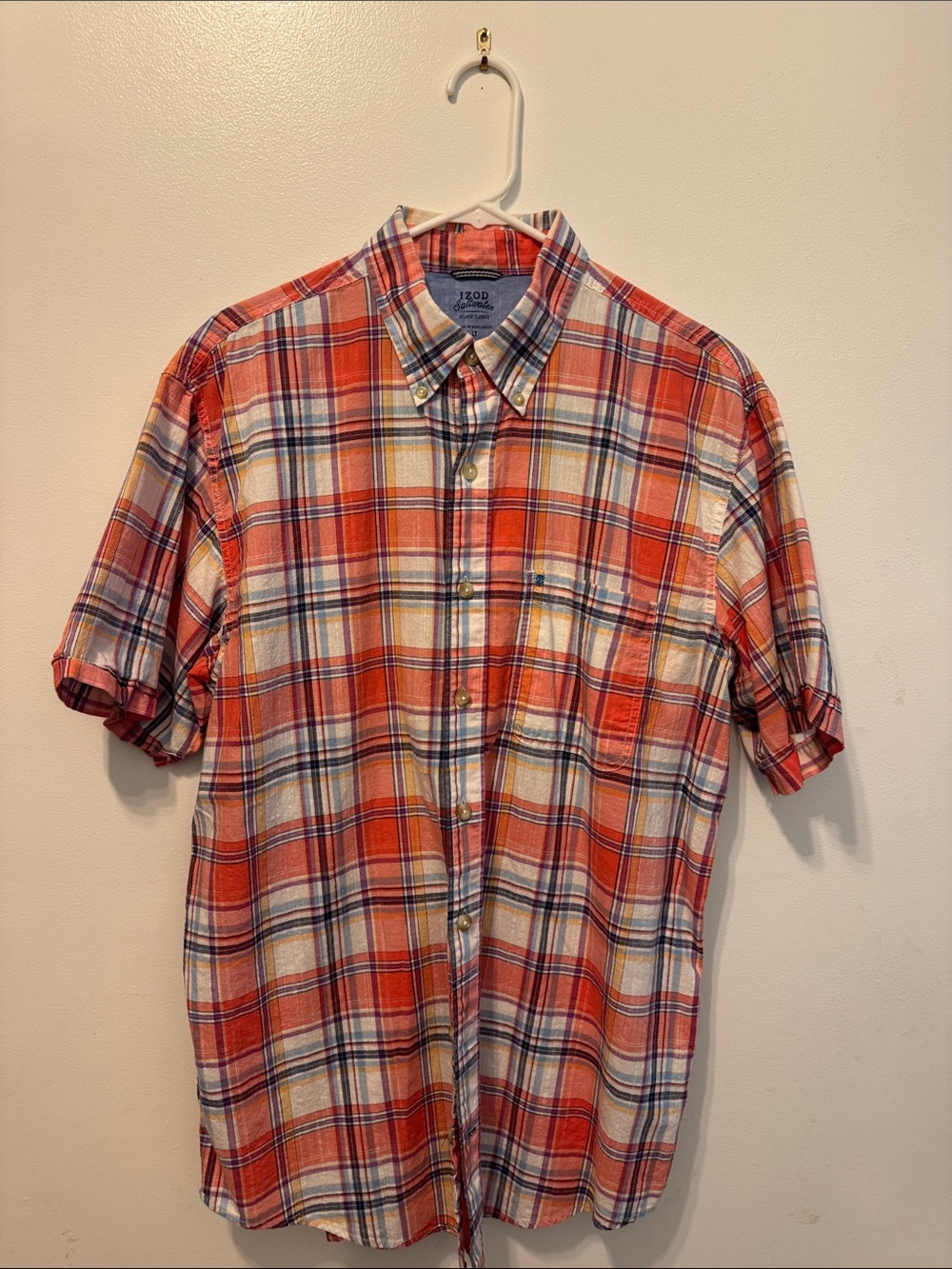 Izod Men's Plaid Short-Sleeve Button-Down Shirt 100% cotton